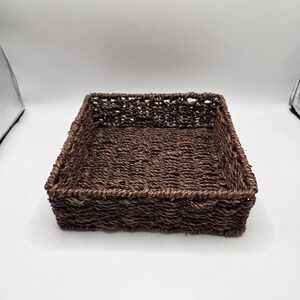 Square Seagrass Woven Storage Basket Dark Brown Wire Frame 10x10 Tray